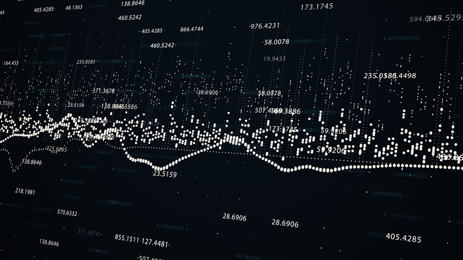 A pale line chart climbing across a black field scattered with figures.