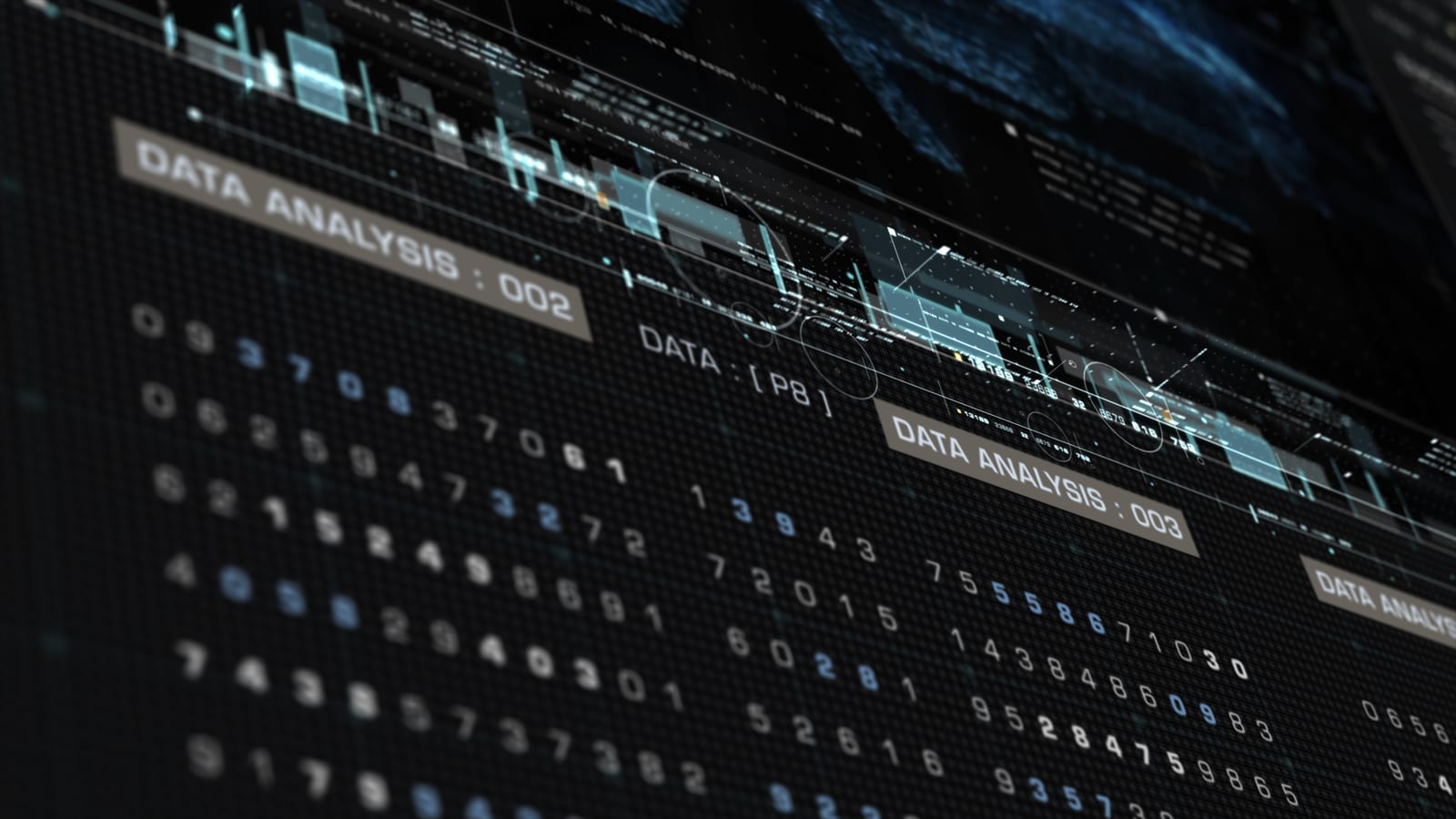 A dark data-analysis display: rows of figures, panel labels and fine rules.