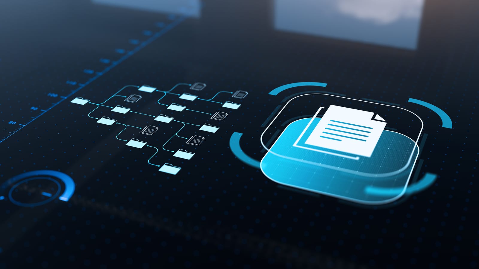 A rendering of a document icon inside a ring of connected nodes, drawn in cyan on near-black.