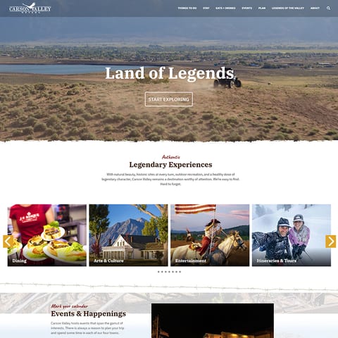 The Carson Valley tourism site home page, headed "Land of Legends".