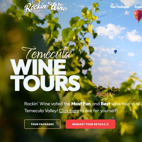The Rockin Wine Tours website home page.