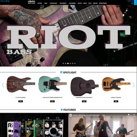 The Schecter Guitars store, showing a bass guitar banner and four instruments with prices.
